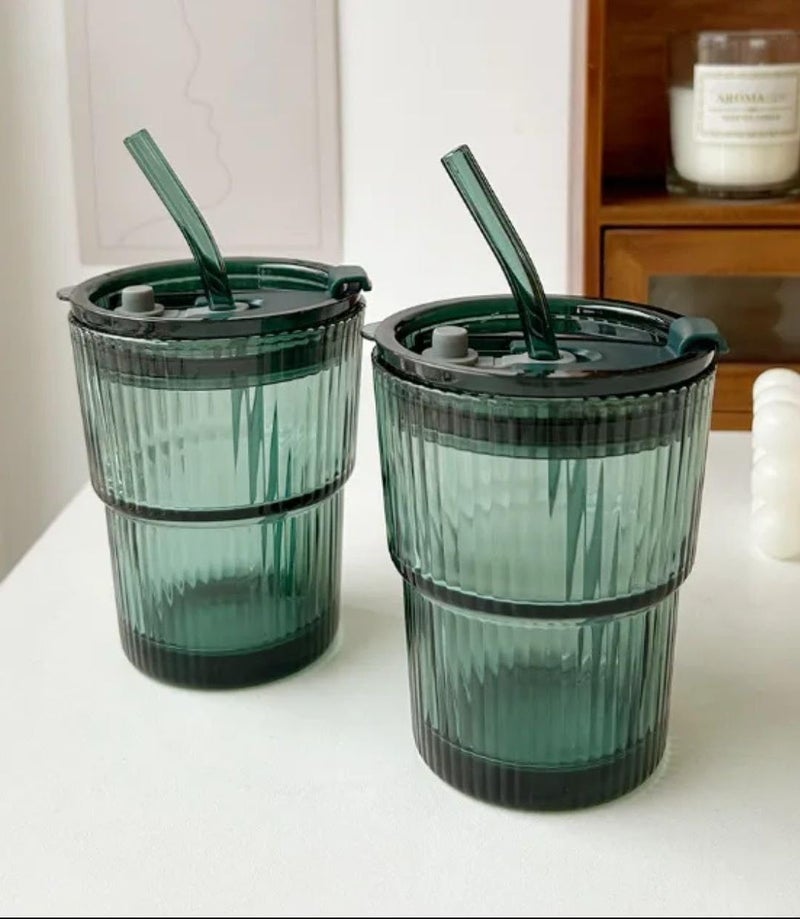 SHOPELLA 380 ML Glass Cups with Lids and Straws Green Colored Striped Coffee Tumbler for Water Iced Tea Juice Beverages Milk Cocktail Mixed Drinks Set of 1 - Image 5