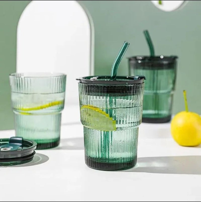 SHOPELLA 380 ML Glass Cups with Lids and Straws Green Colored Striped Coffee Tumbler for Water Iced Tea Juice Beverages Milk Cocktail Mixed Drinks Set of 1 - Image 3