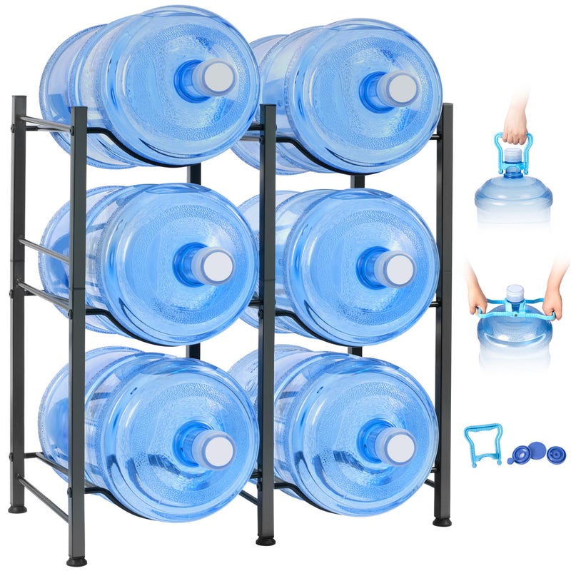 Klvied 5 Gallon Water Jug Holder - 3 Tier Rack, Heavy Duty Stand for 6 Bottles with Lifter and Cap - Image 1