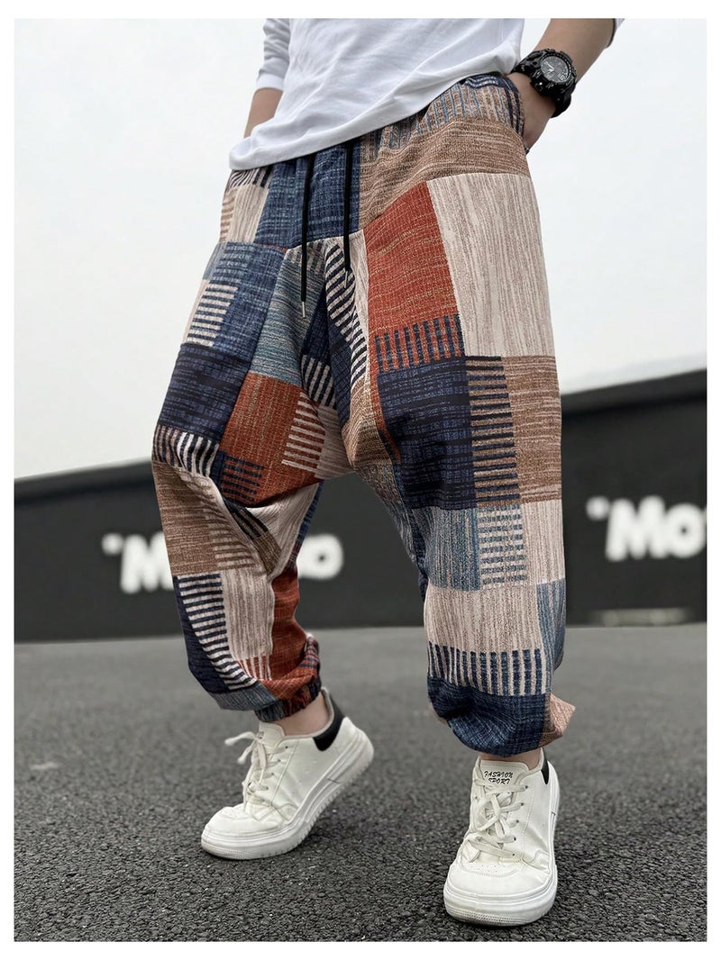 BEAUDRM Men's Color Patchwork Hippie Harem Pants Baggy Vintage Boho Pants Summer Beach Trousers Streetwear Multicolor X-Large - Image 4