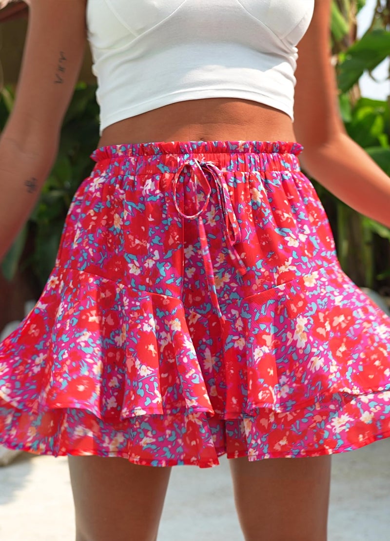 SimpleFun Floral Skirts for Women Mini Skorts High-Rise Curvy Women Lightweight Summer Shorts Floral Rose M - Image 2
