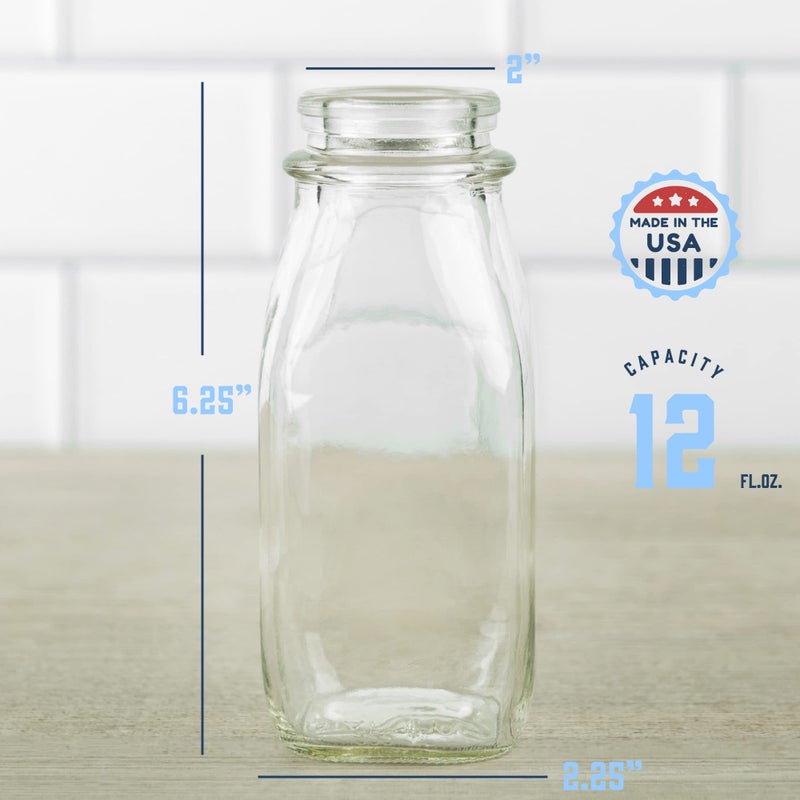kitchentoolz Glass Creamer Bottle 12 Oz Square Glass Milk Bottle with Lids- Glass Bottles with Lids - Milk Container for Refrigerator - 12 Ounce Milk Bottle with Lid and Pour Spout - Image 2