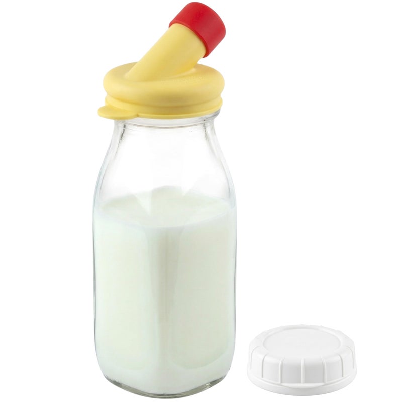 kitchentoolz Glass Creamer Bottle 12 Oz Square Glass Milk Bottle with Lids- Glass Bottles with Lids - Milk Container for Refrigerator - 12 Ounce Milk Bottle with Lid and Pour Spout - Image 1