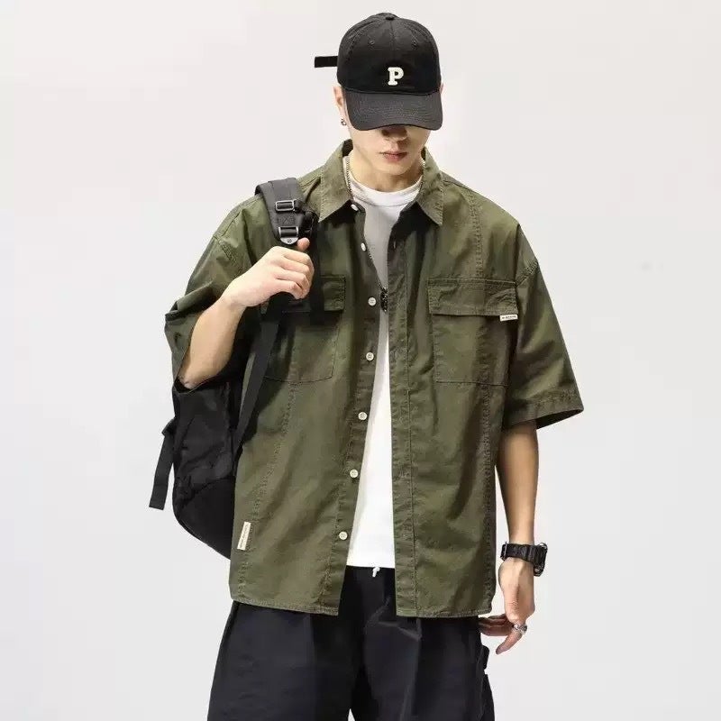 Summer Hong Kong Style Workwear Short-Sleeved Shirt For Men, Japanese Casual Loose Shirt Jacket, Handsome Outer Wear Half-Sleeved Shirt - Image 1
