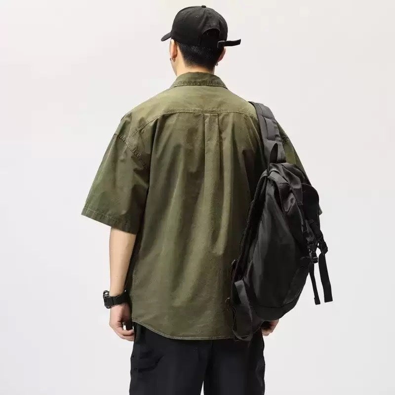 Summer Hong Kong Style Workwear Short-Sleeved Shirt For Men, Japanese Casual Loose Shirt Jacket, Handsome Outer Wear Half-Sleeved Shirt - Image 5