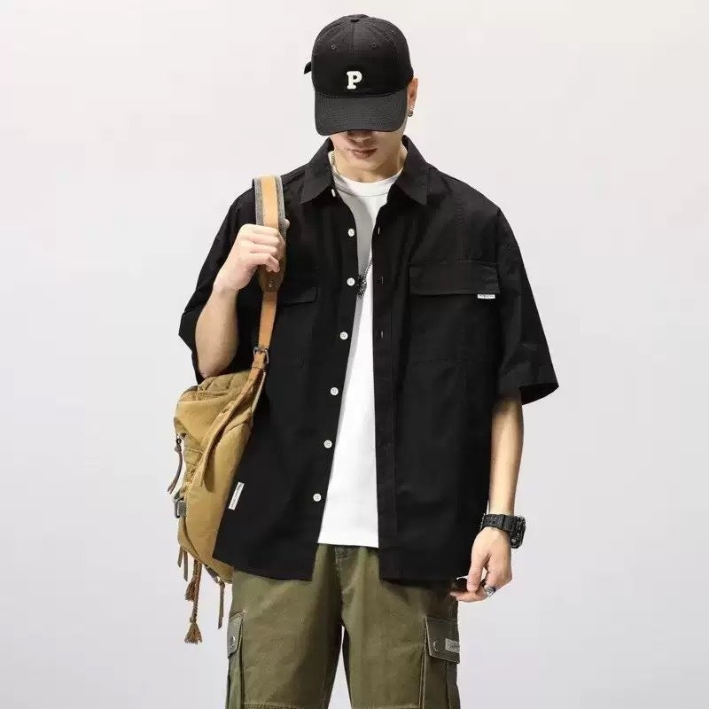 Summer Hong Kong Style Workwear Short-Sleeved Shirt For Men, Japanese Casual Loose Shirt Jacket, Handsome Outer Wear Half-Sleeved Shirt - Image 4