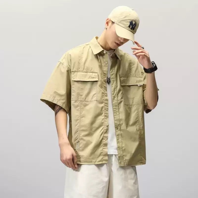Summer Hong Kong Style Workwear Short-Sleeved Shirt For Men, Japanese Casual Loose Shirt Jacket, Handsome Outer Wear Half-Sleeved Shirt - Image 2