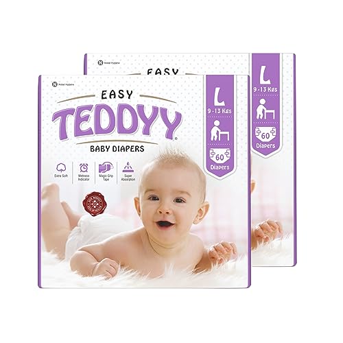 TEDDYY Easy Baby L Size Diaper Tape Style |120 Count (Large) | 9-13 kgs (Pack of 2) | Quick Absorbency | Extra Super Soft | Anti - Bacterial | Wetness Indicator with Adjustable Grip Tapes - Image 1