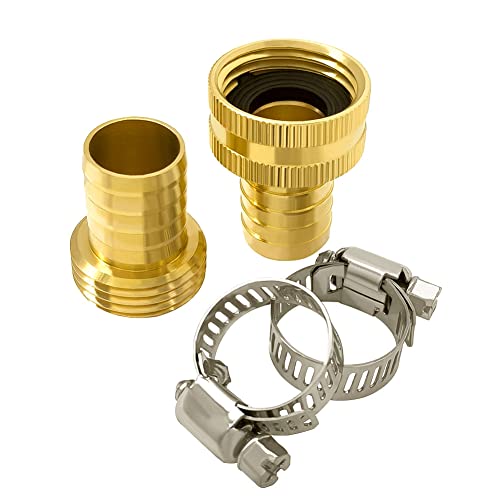 Hooshing 3/4" Garden Hose Repair Kit Solid Brass Male and Female Hose End Mender Fitting with Clamps - Image 1