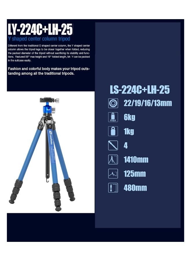 Leofoto LY-224C with LH-25 Y Shaped Center Column 4 Section Carbon Fiber Tripod Kit Yellow - Image 5