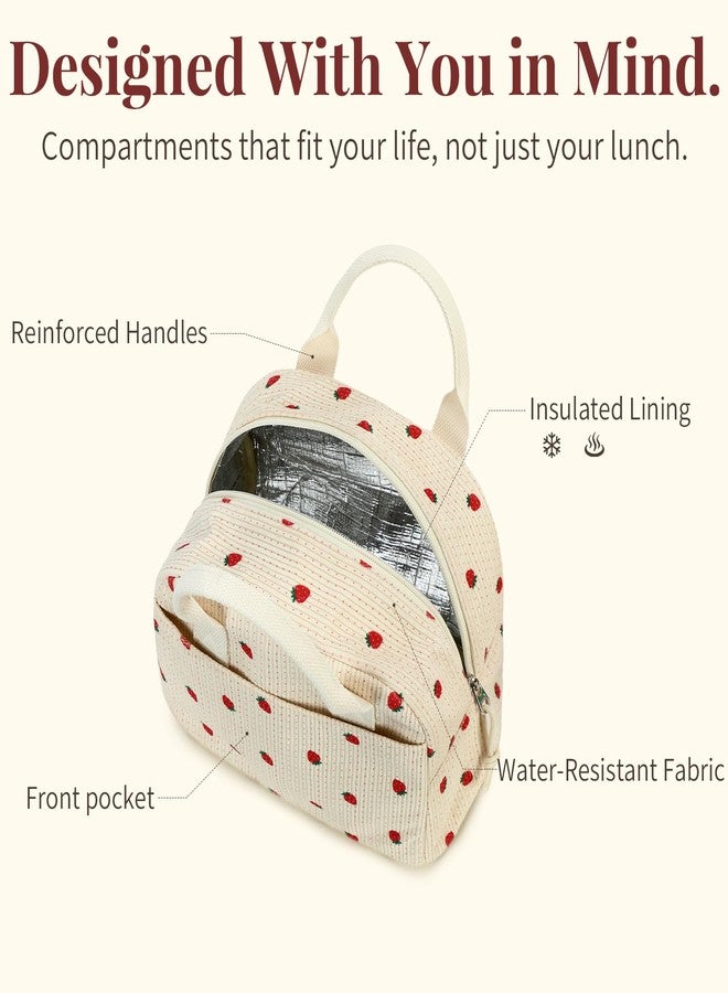 LOVELYWIND Insulated Cute Strawberry Lunch Bag for Women Men - Large Capacity Beige Corduroy Lunch Tote with Aluminum Lining, Snack bag, Waterproof Cooler Box, Reusable for Work, Picnic, Travel - Image 4