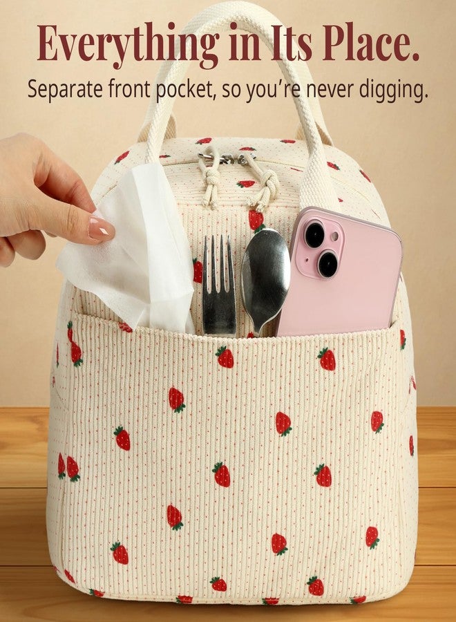 LOVELYWIND Insulated Cute Strawberry Lunch Bag for Women Men - Large Capacity Beige Corduroy Lunch Tote with Aluminum Lining, Snack bag, Waterproof Cooler Box, Reusable for Work, Picnic, Travel - Image 5