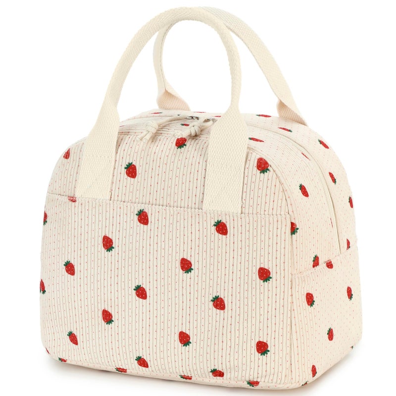 LOVELYWIND Insulated Cute Strawberry Lunch Bag for Women Men - Large Capacity Beige Corduroy Lunch Tote with Aluminum Lining, Snack bag, Waterproof Cooler Box, Reusable for Work, Picnic, Travel - Image 1