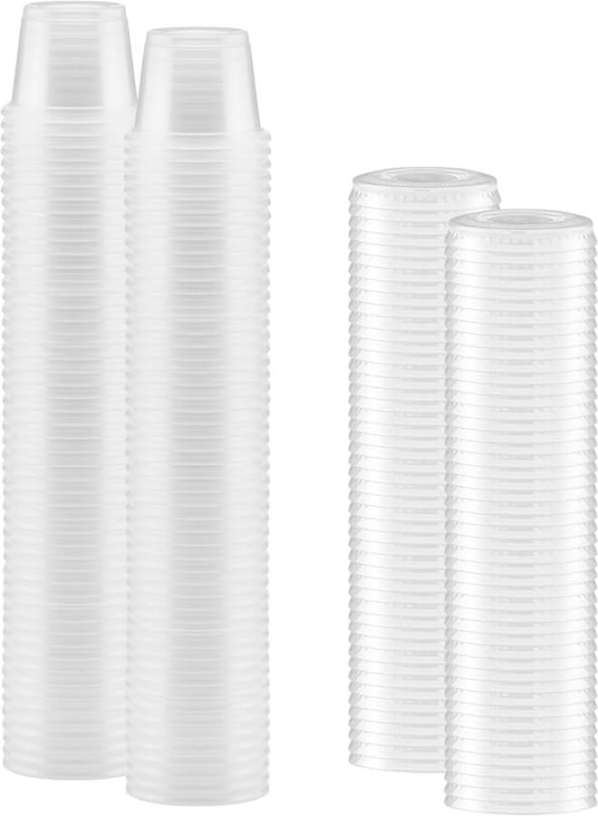 NYHI 100-Pack Of 1-Oz Clear Plastic Jello Shot Cups Container With Snap On Leak-Proof Lids -Small Shot Cups - Compact Food Storage Containers For Portion Control, Sauces, Spices, Liquid, Dips,