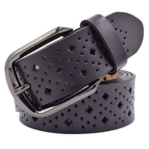 VONSELY Hollow Leather Belts for Women, Soft Leather Womens Belts with Pin Buckle (1.5" Wide Black) - Image 1