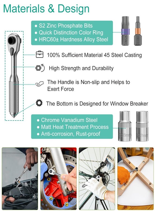 ORIA 42 in 1 Ratchet Socket Wrench Set, Portable Ratchet Screwdriver with 30 Bits, 1/4 Inch Drive Socket, 72 Tooth Magnetic Repeir Tool Kit for DIY, Bicycle, Furniture - Image 5