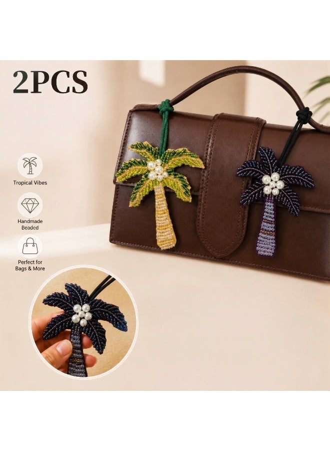 VANGOG 2 Pcs Beaded Palm Tree Keychain Pendant, Women's Bag Accessories, Summer Beach Style Backpack Accessories (Green and Purplish-Black) - Image 1