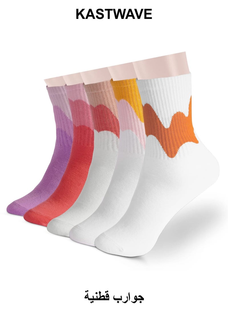 KASTWAVE Women Cotton Socks, 5 Pair Women's Funny Novelty Casual Combed Cotton Socks, Crew Socks Casual Cotton Socks Novel Cute Fun Girl Quarter Dress Sock (Yellow / Red / Purple) - Image 1