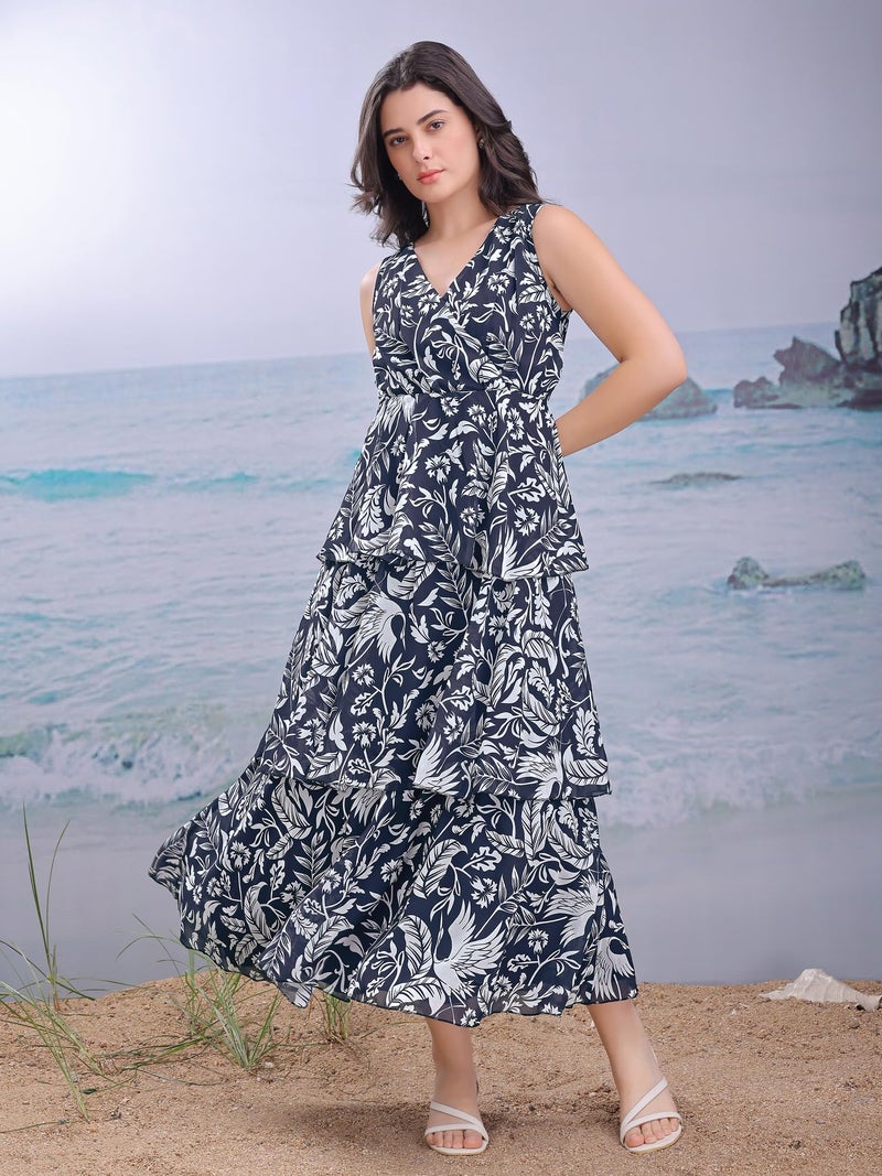 PURVAJA Women’s V-Neck Georgette Dress (Floe-172-L_Blue) - Image 2