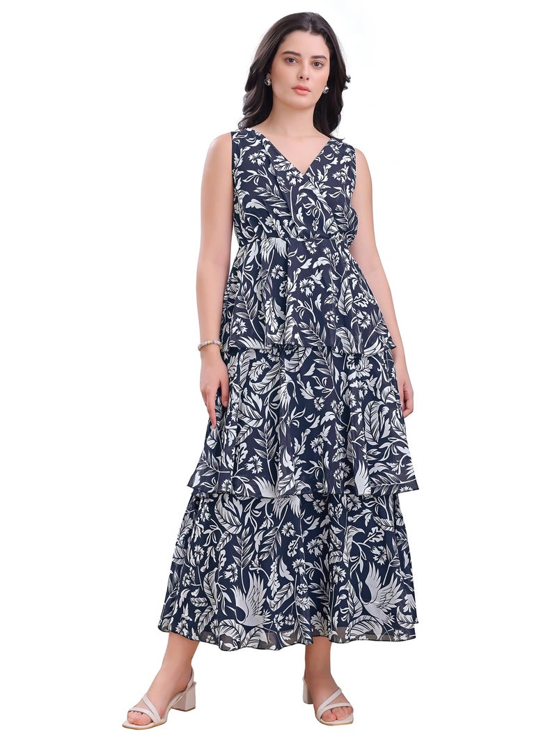 PURVAJA Women’s V-Neck Georgette Dress (Floe-172-L_Blue) - Image 1