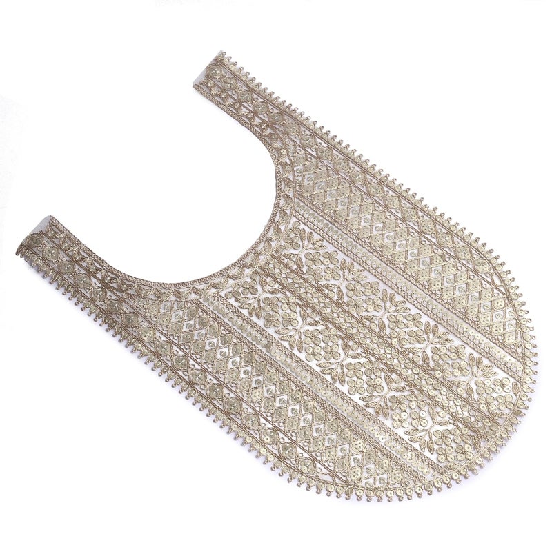 M S ZARIWALA MS ZARIWALA Design Embroidered Neckline Sewing Neck Applique Golden Net Sequence Embroidery Neck Stiching Patch Piece 1