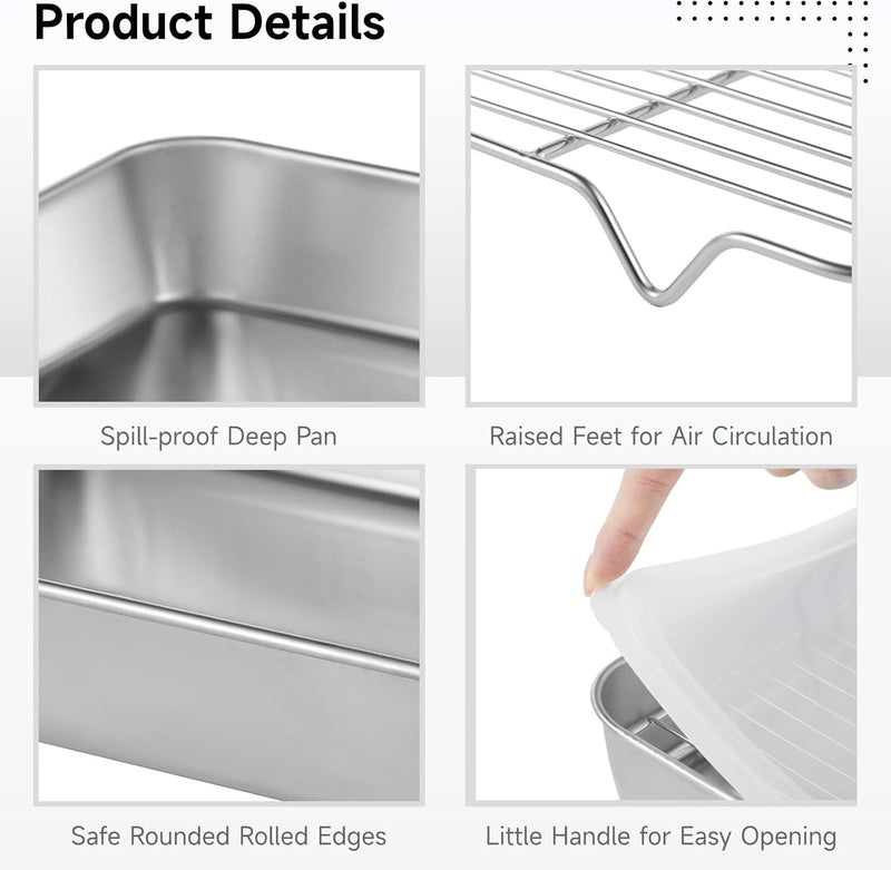 2-Piece Baking Tray Set with Airtight Lids and Cooling Racks, Stainless Steel Roasting Pans for Cooking and Serving - Image 2