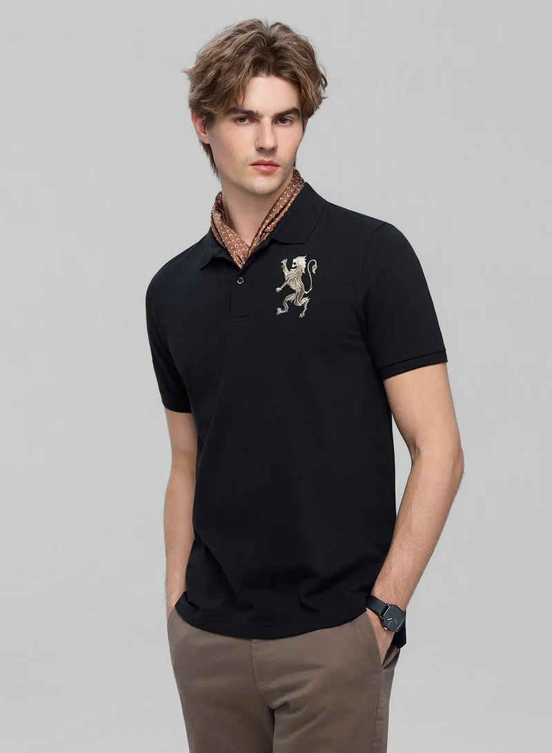 Men’s Slim Fit 3D Lion Embroidery Lycra Pique Polo