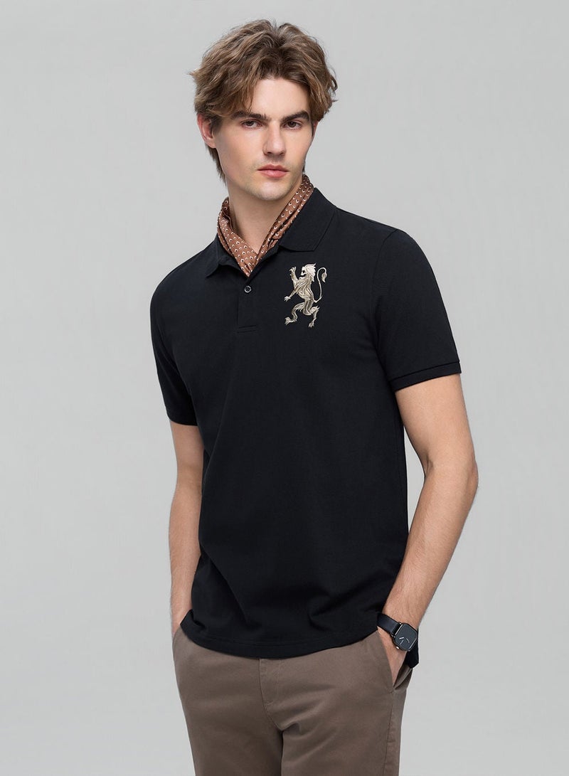 GIORDANO تي شيرت بولو للرجال بتصميم ضيق مع تطريز أسد ثلاثي الأبعاد - Image 1