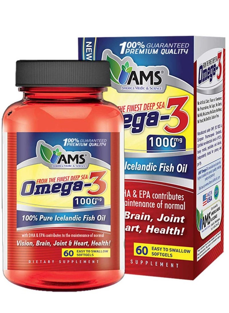 AMS Omega-3 1000mg Icelandic Fish Oil Supplement for Brain, Vision, Joints, & Heart Health Maintenance - gluten free, yeast free, sodium free - Image 1