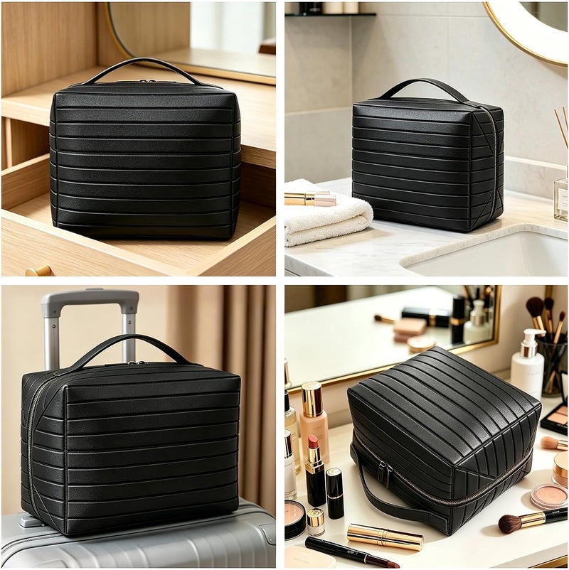Magic Park Leather Makeup Bag Large Cosmetic Bag for Travel Makeup Organiser Bag with Compact Mirror Portable Toiletry Bag for Women (Black) - Image 3