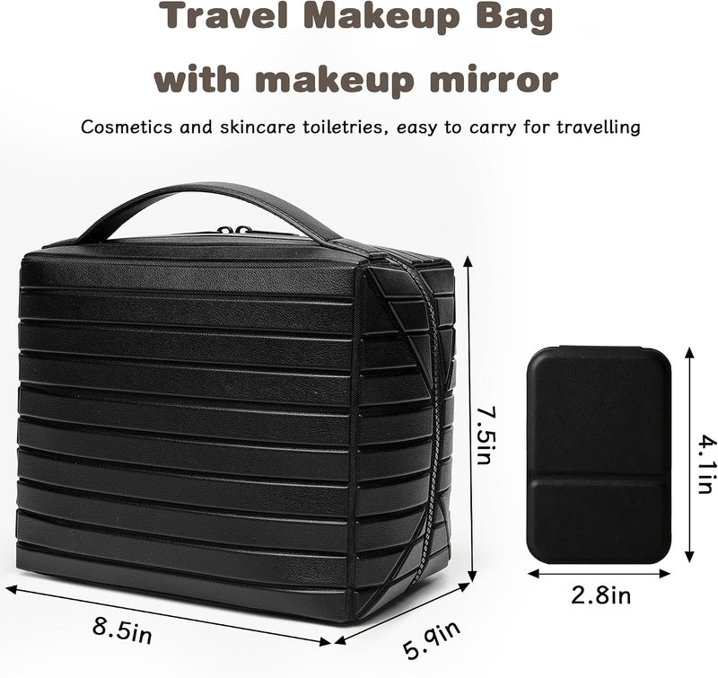 Magic Park Leather Makeup Bag Large Cosmetic Bag for Travel Makeup Organiser Bag with Compact Mirror Portable Toiletry Bag for Women (Black) - Image 4
