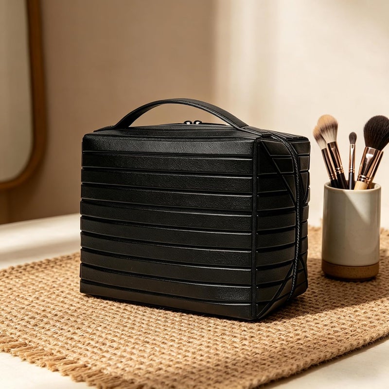 Magic Park Leather Makeup Bag Large Cosmetic Bag for Travel Makeup Organiser Bag with Compact Mirror Portable Toiletry Bag for Women (Black) - Image 2