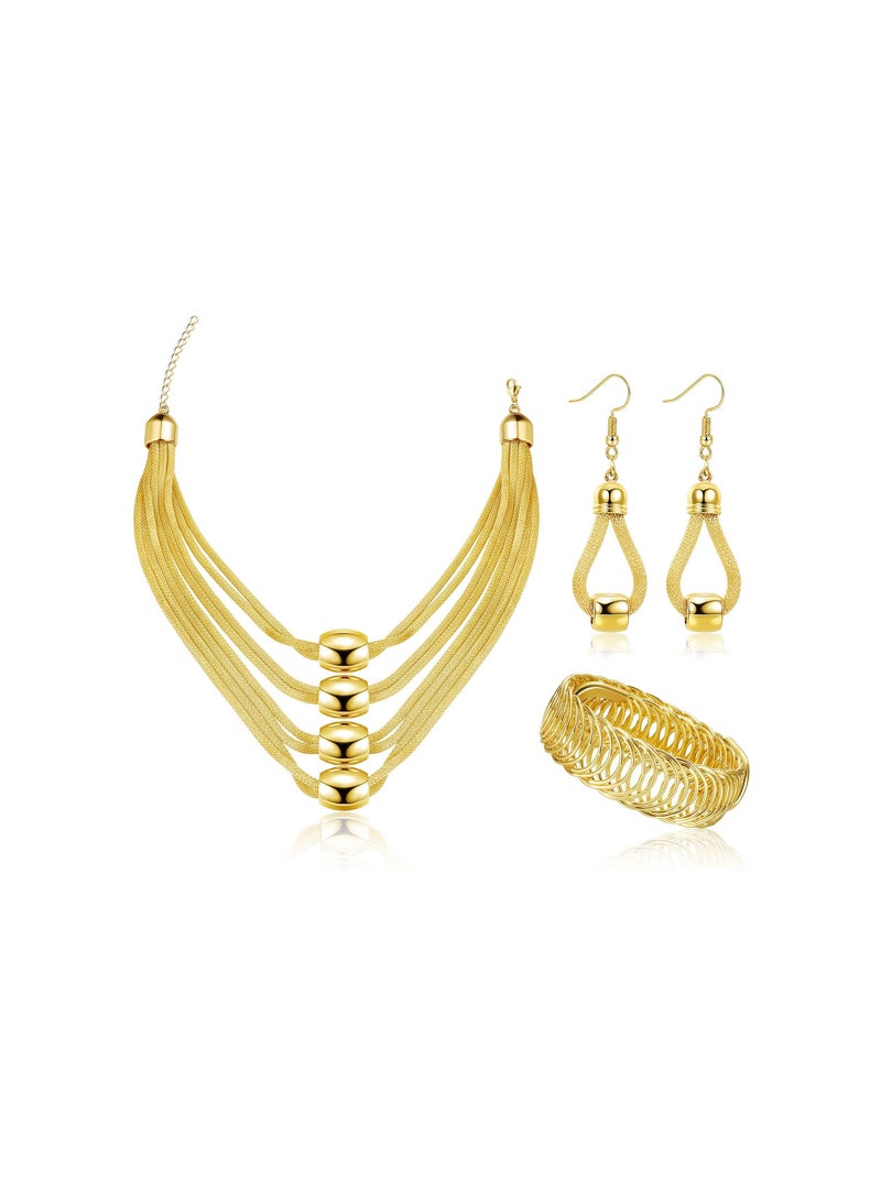 KASTWAVE 3Pcs Women Bib Necklace Jewellery Set for Women Choker Necklace Stretch Cuff Bracelet Dangle Earrings Costume - Image 1