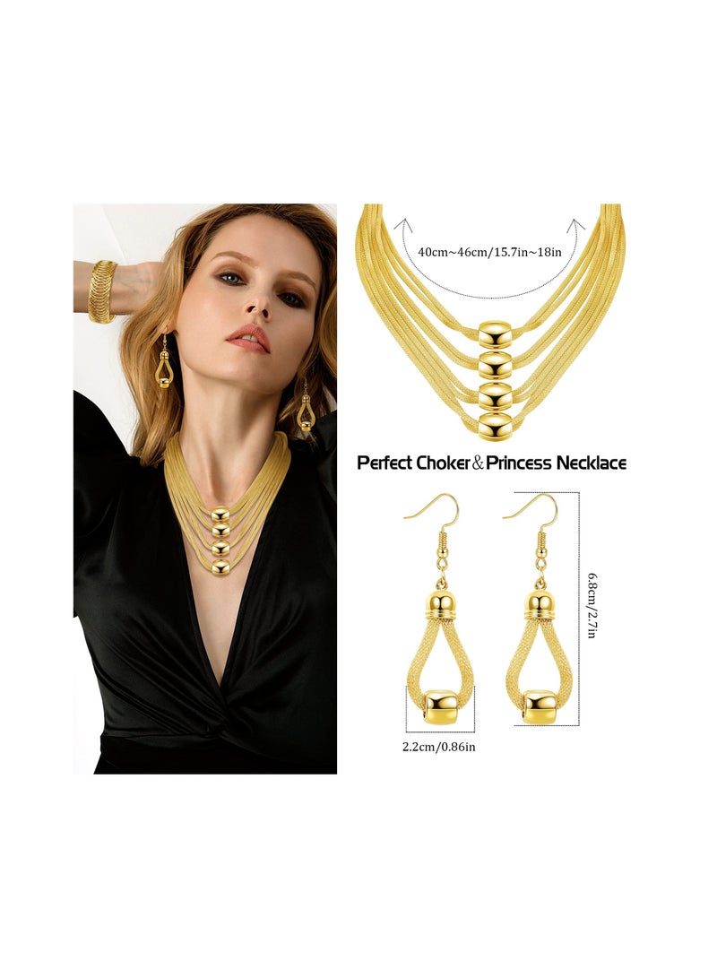 KASTWAVE 3Pcs Women Bib Necklace Jewellery Set for Women Choker Necklace Stretch Cuff Bracelet Dangle Earrings Costume - Image 2