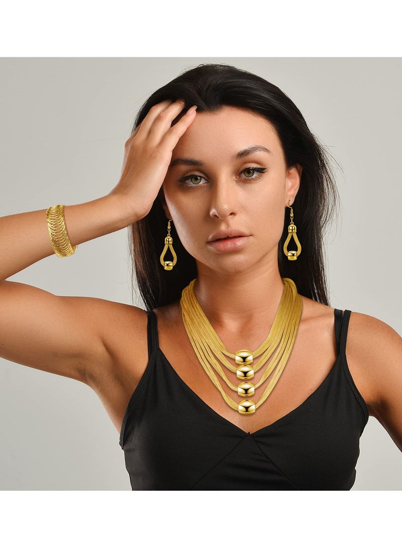 KASTWAVE 3Pcs Women Bib Necklace Jewellery Set for Women Choker Necklace Stretch Cuff Bracelet Dangle Earrings Costume - Image 4