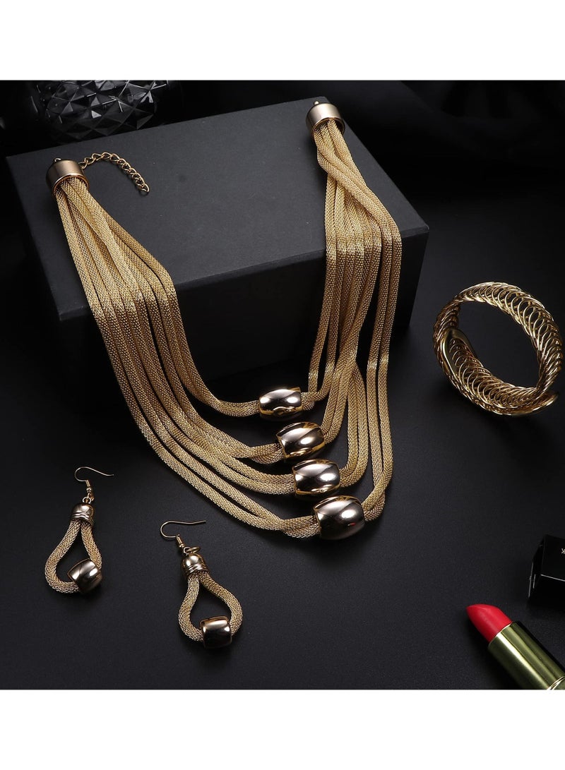 KASTWAVE 3Pcs Women Bib Necklace Jewellery Set for Women Choker Necklace Stretch Cuff Bracelet Dangle Earrings Costume - Image 5
