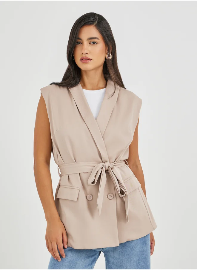 Styli Styli Solid Regular Length Regular Fit Sleeveless Belted Blazer
