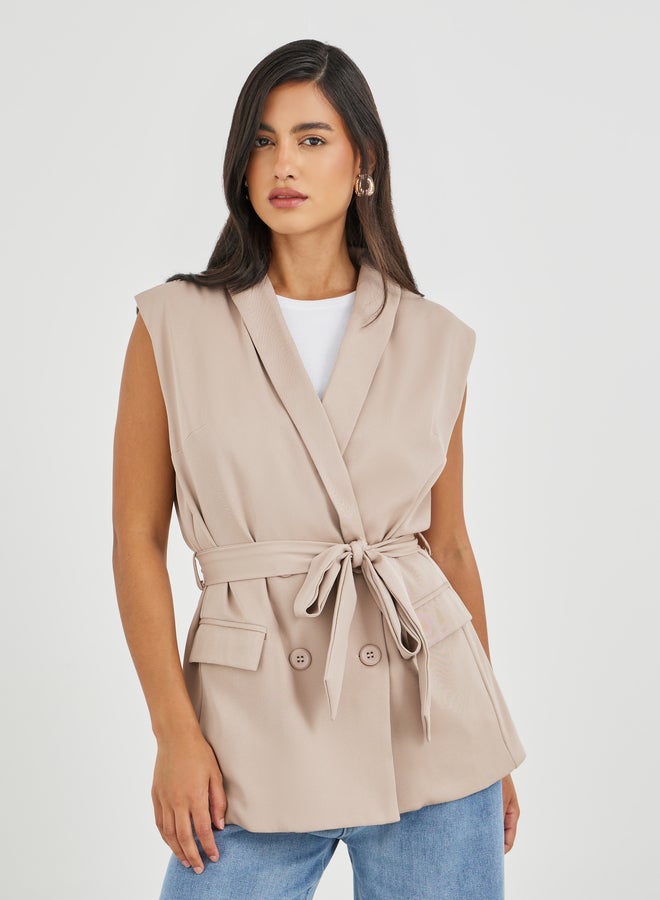 Styli Styli Solid Regular Length Regular Fit Sleeveless Belted Blazer  - Image 1