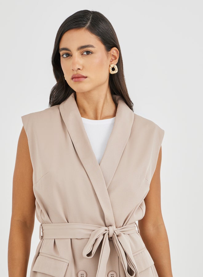 Styli Styli Solid Regular Length Regular Fit Sleeveless Belted Blazer  - Image 3