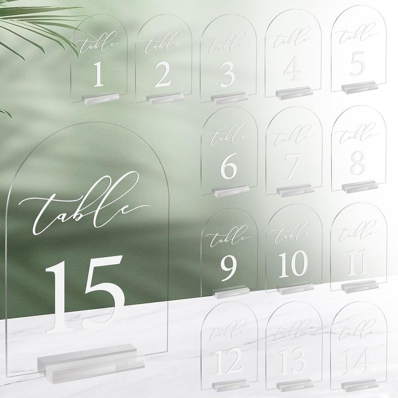 SOVQUEST Arch Table Number 1-15 Clear Acrylic Tabletop Signs 5x7 Inch with Holder for Wedding Parties Anniversaries Reception Cafe Hotel Party Bar Business Event (1-15) - Image 1