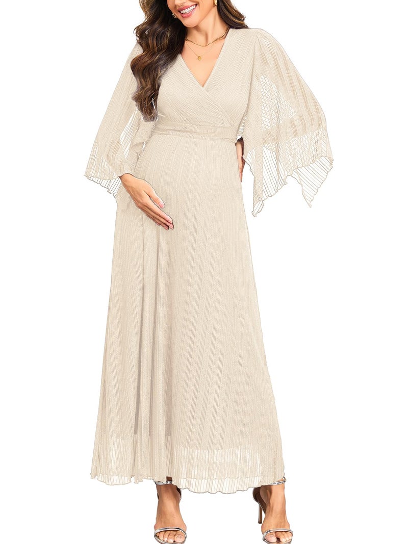 AISWI Maternity Sparkly Mesh Maxi Dress Handkerchief Sleeves Wrap V Neck Flowy Pregnancy Dresses Baby Shower Formal, Champagne, Large - Image 1