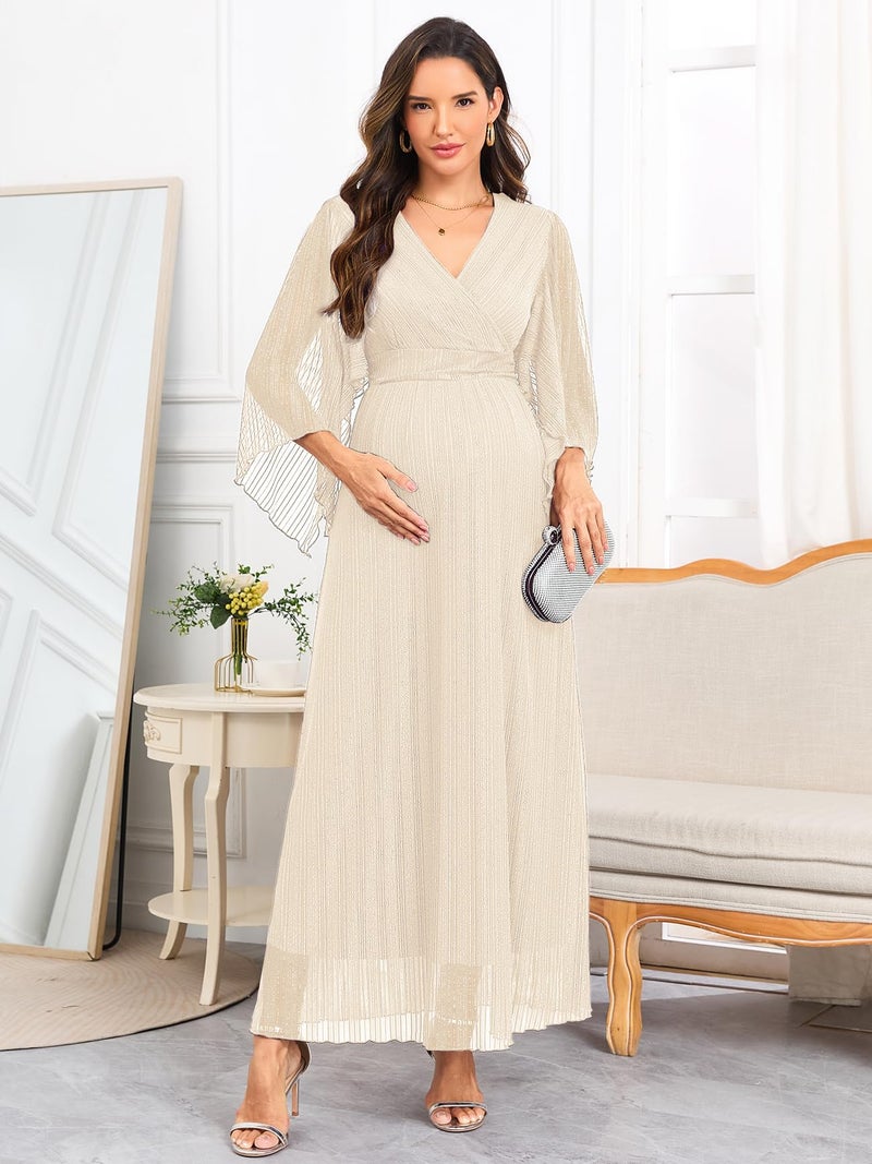 AISWI Maternity Sparkly Mesh Maxi Dress Handkerchief Sleeves Wrap V Neck Flowy Pregnancy Dresses Baby Shower Formal, Champagne, Large - Image 3