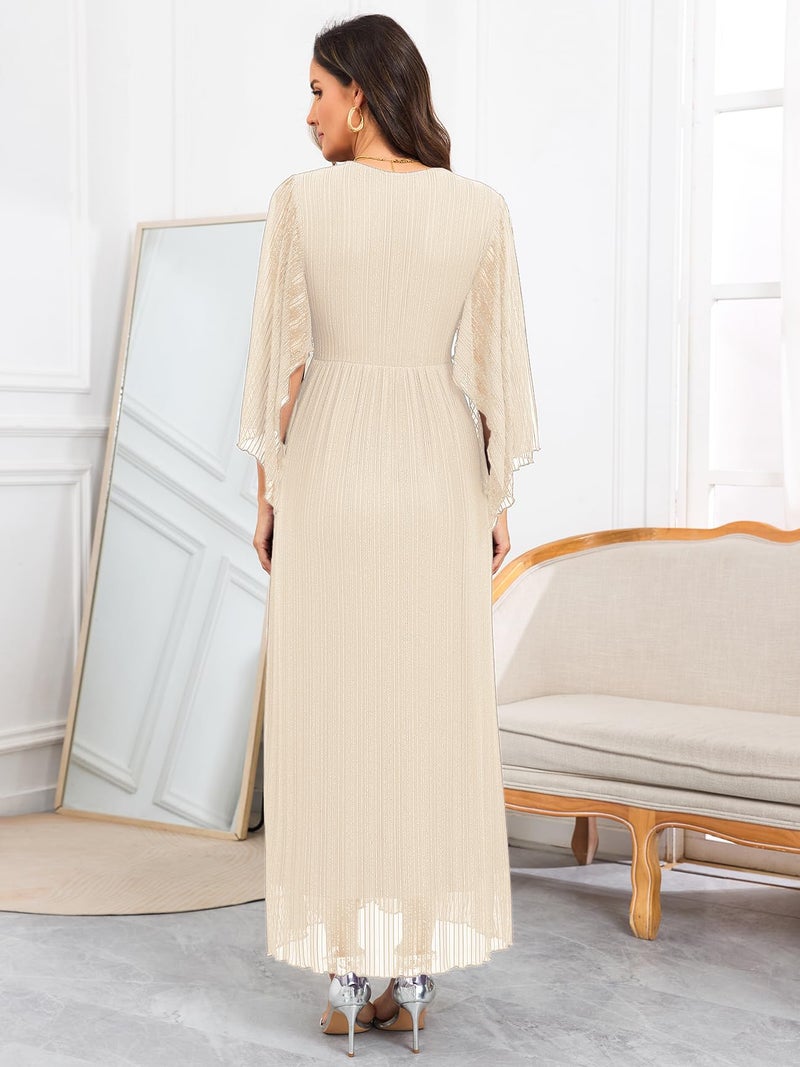 AISWI Maternity Sparkly Mesh Maxi Dress Handkerchief Sleeves Wrap V Neck Flowy Pregnancy Dresses Baby Shower Formal, Champagne, Large - Image 2