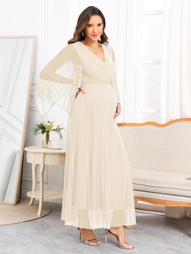 AISWI Maternity Sparkly Mesh Maxi Dress Handkerchief Sleeves Wrap V Neck Flowy Pregnancy Dresses Baby Shower Formal, Champagne, Large - Image 5