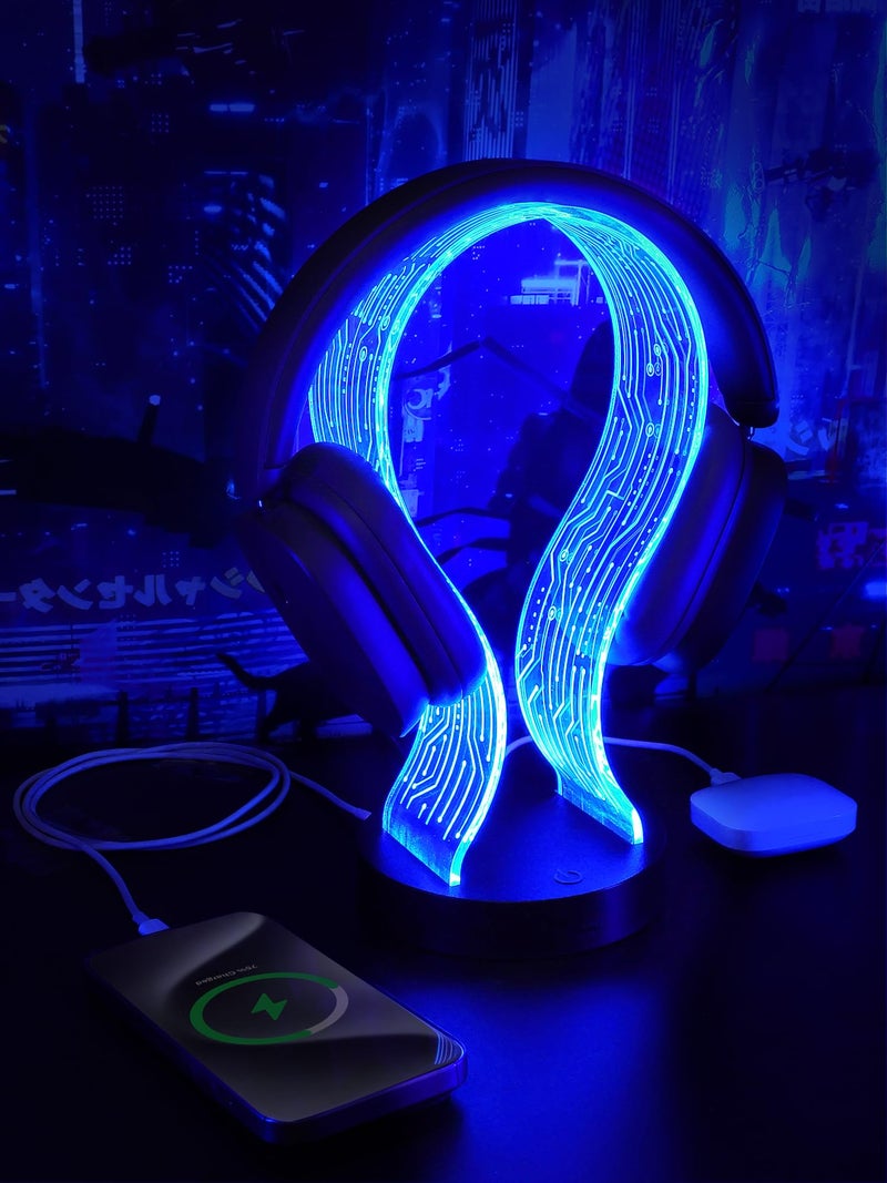 CoolGift Mart Light Up Headphone Stand with 16 Color Lights PCB Pattern Acrylic Headset Stand with 1 USB and 1 TypeC Charging Ports Gifts for Gamers Men Boy Father Dad and DJ Music Lovers - Image 2