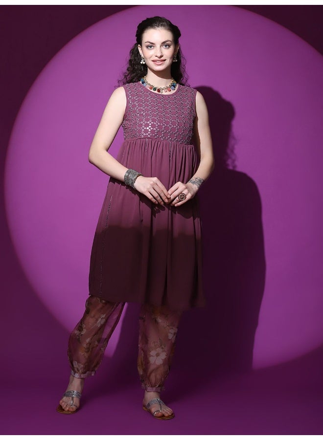 AKS AKS Couture Floral Embroidered Mirror Work Empire Georgette A-Line Kurta With Harem Pants  - Image 1