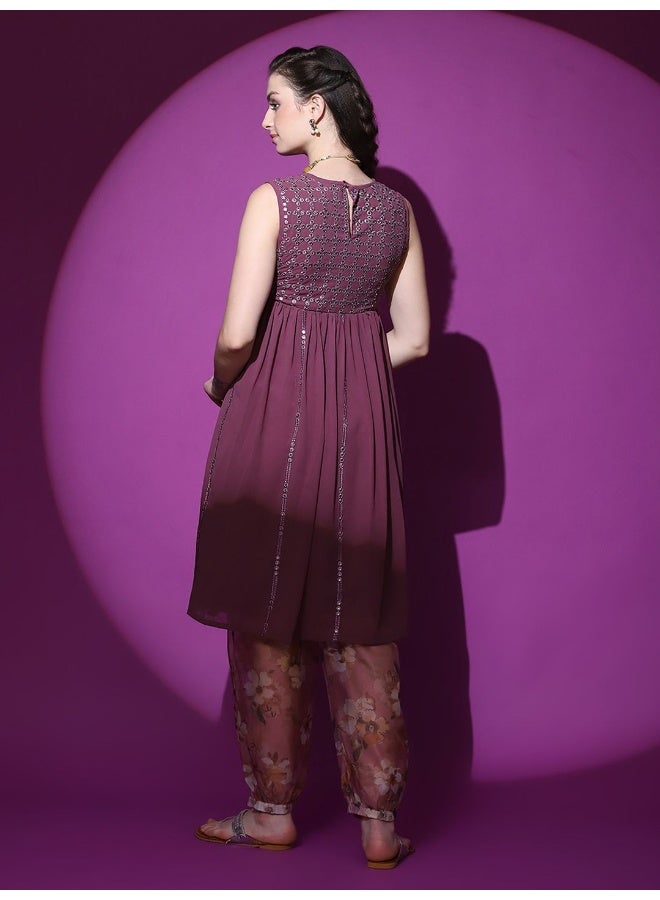 AKS AKS Couture Floral Embroidered Mirror Work Empire Georgette A-Line Kurta With Harem Pants  - Image 4