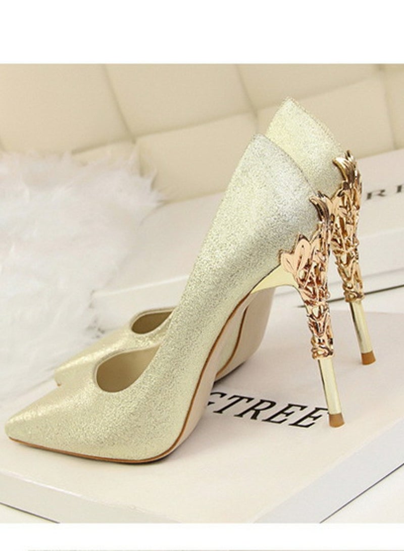 BIGTREE Women's Elegant Stiletto Pumps With 10 CM Personalized Metal Heel Elegant Gorgeous Closed Pointed Toe Slip On Solid High Heels Gold  - Image 3