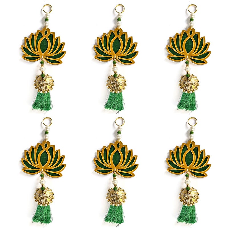 ADIKALA Adikala Handmade Wall Decor Green Acrylic Lotus jhumka with Tassels Style Hanging for MandirTemplePooja Decor Home Decor Diwali Decor Wedding and All Festival Decorative GarlandsSet of 6 - Image 2