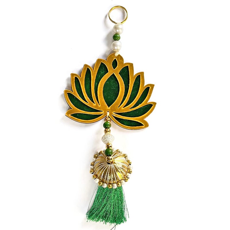 ADIKALA Adikala Handmade Wall Decor Green Acrylic Lotus jhumka with Tassels Style Hanging for MandirTemplePooja Decor Home Decor Diwali Decor Wedding and All Festival Decorative GarlandsSet of 6 - Image 1